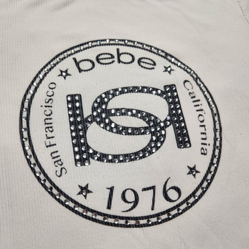 Bebe Y2K White Rhinestone Iconic Logo Ribbed Top - Picture 6 of 9